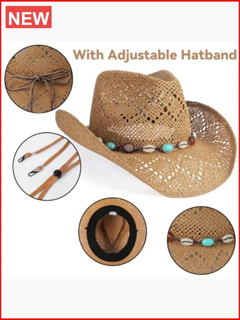 Straw Wide Brim Cowboy Hat with Shapeable Brim for Women - Picture 3 of 7